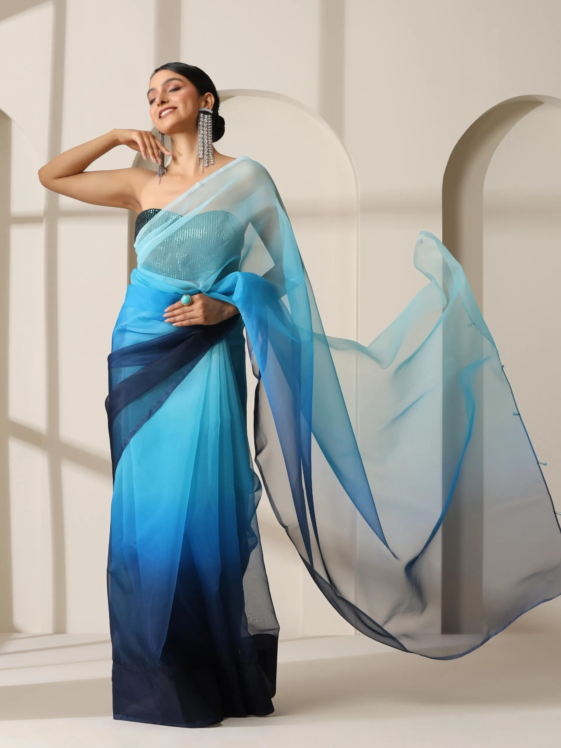 Ocean Blue Pure Organza Ombre Printed Saree