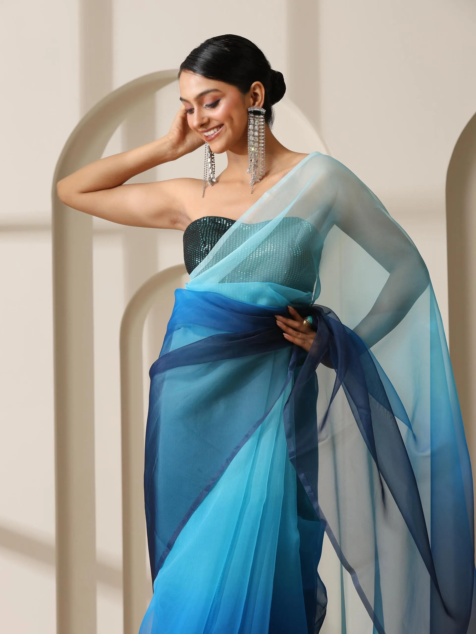 Ocean Blue Pure Organza Ombre Printed Saree