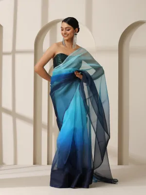 Ocean Blue Pure Organza Ombre Printed Saree