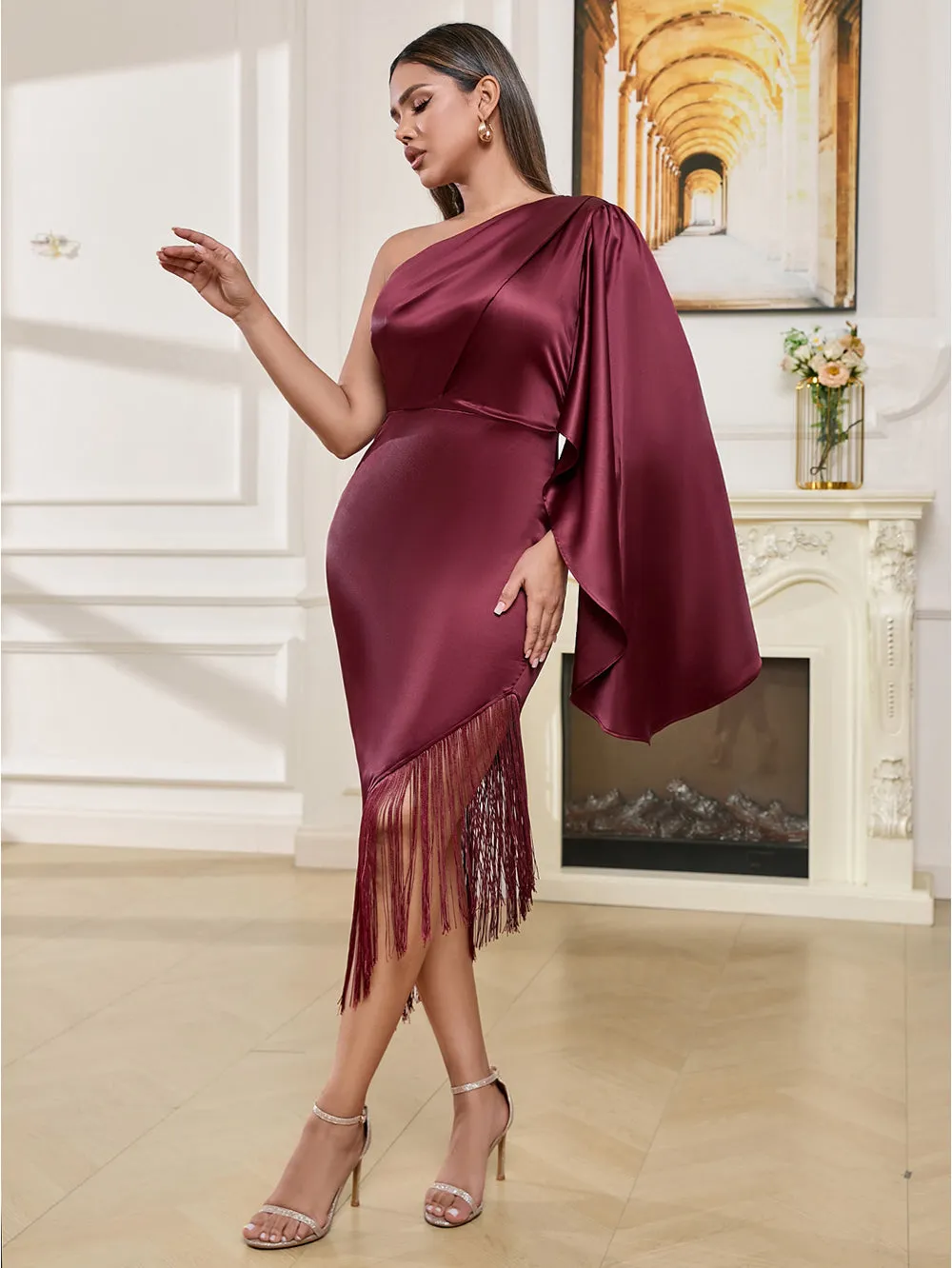 One Shoulder Long Sleeve Tassels Midi Bodycon Dress HB10185
