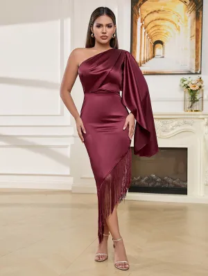 One Shoulder Long Sleeve Tassels Midi Bodycon Dress HB10185