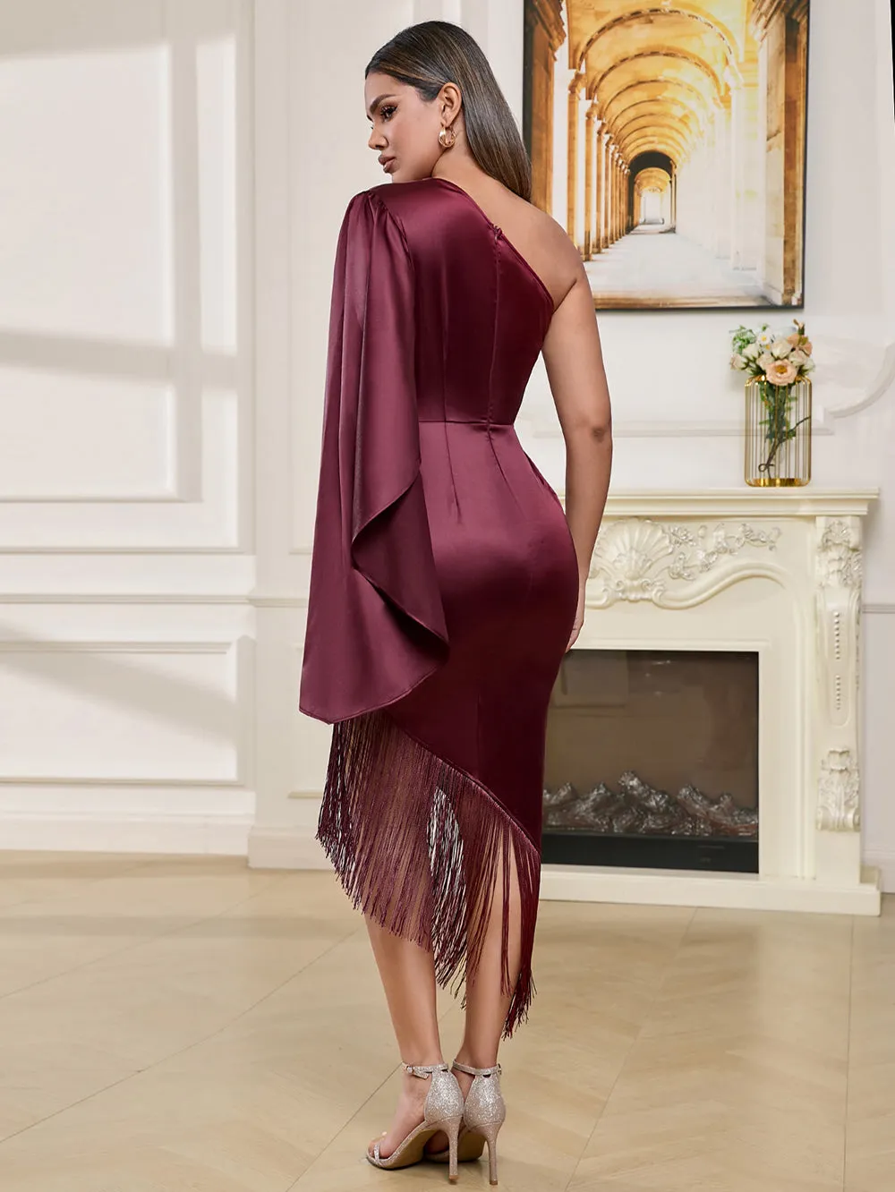 One Shoulder Long Sleeve Tassels Midi Bodycon Dress HB10185