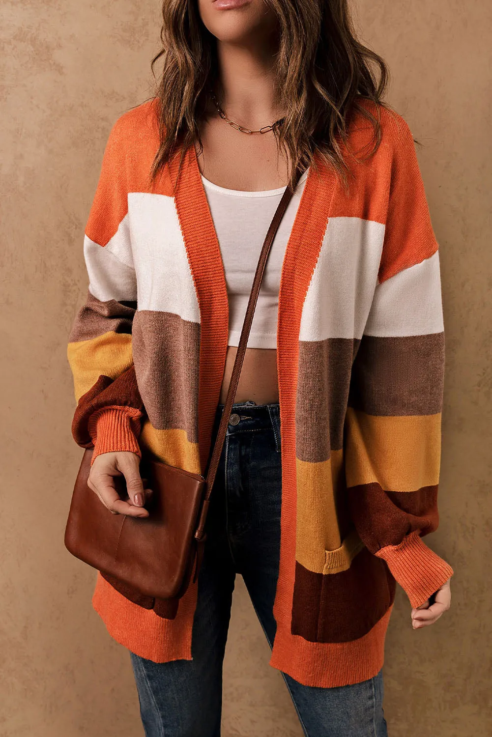 Open Front Pocketed Colorblock Cardigan
