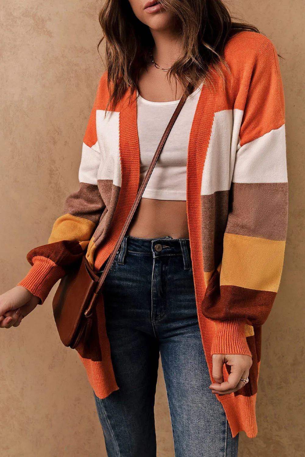 Open Front Pocketed Colorblock Cardigan