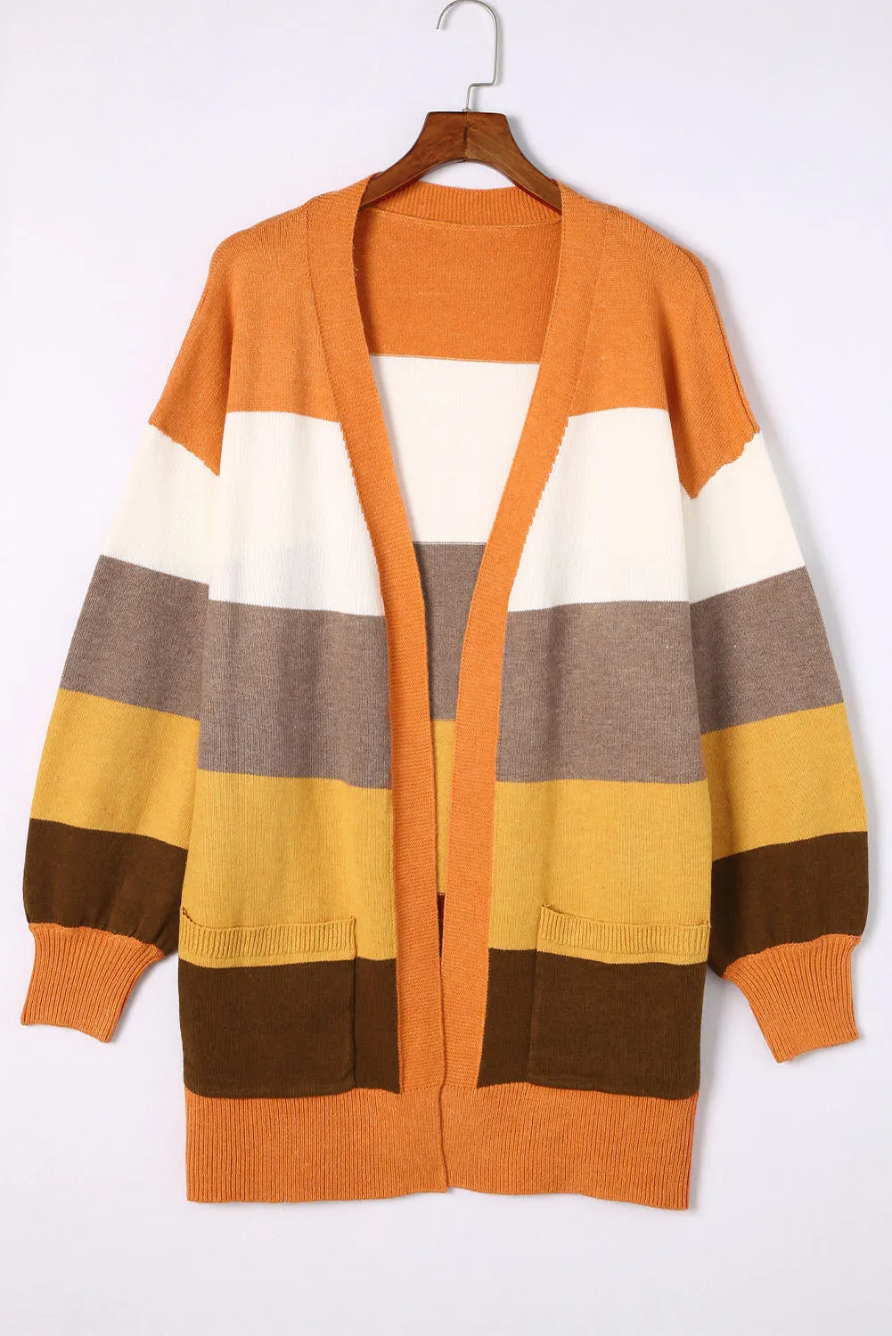 Open Front Pocketed Colorblock Cardigan