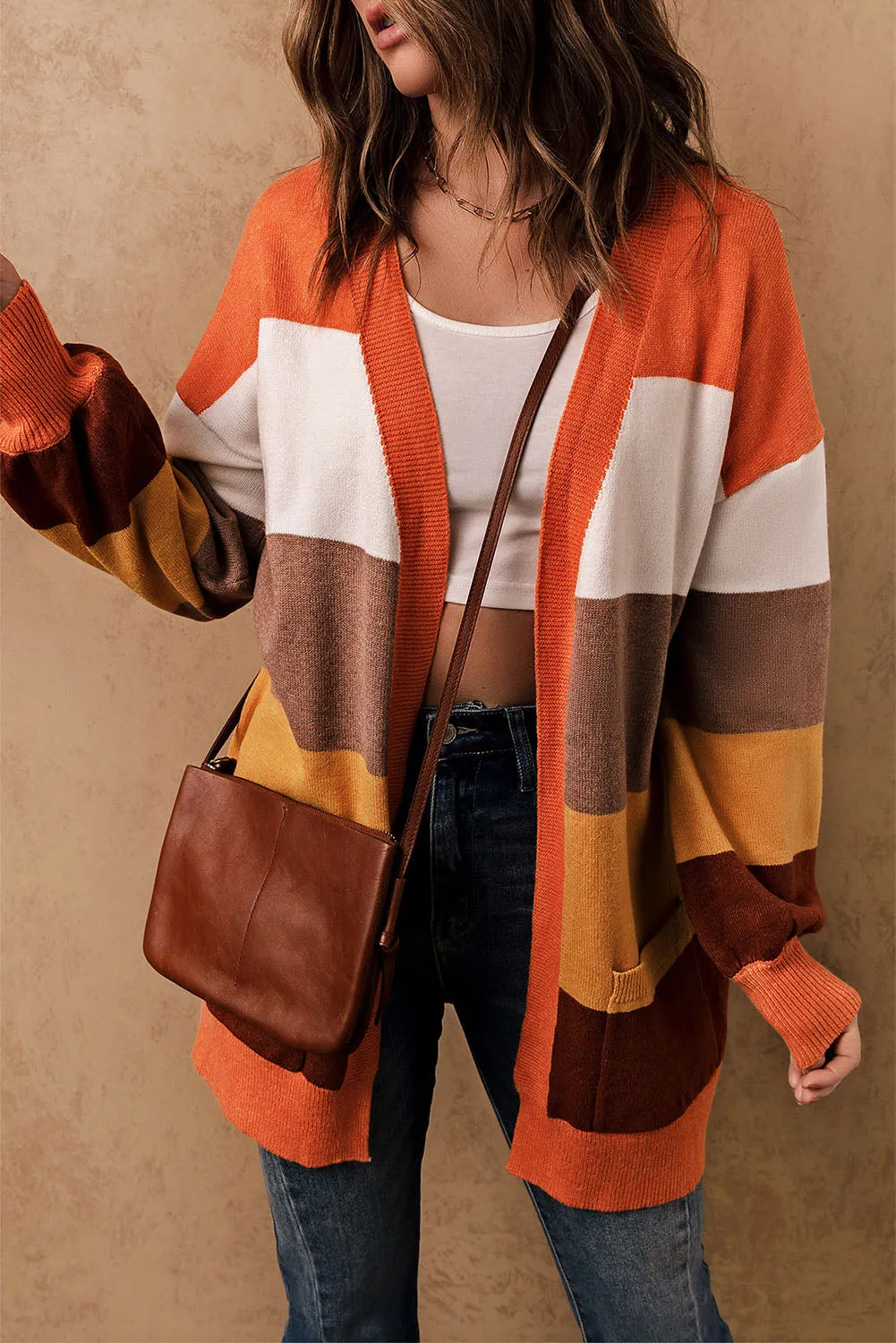 Open Front Pocketed Colorblock Cardigan