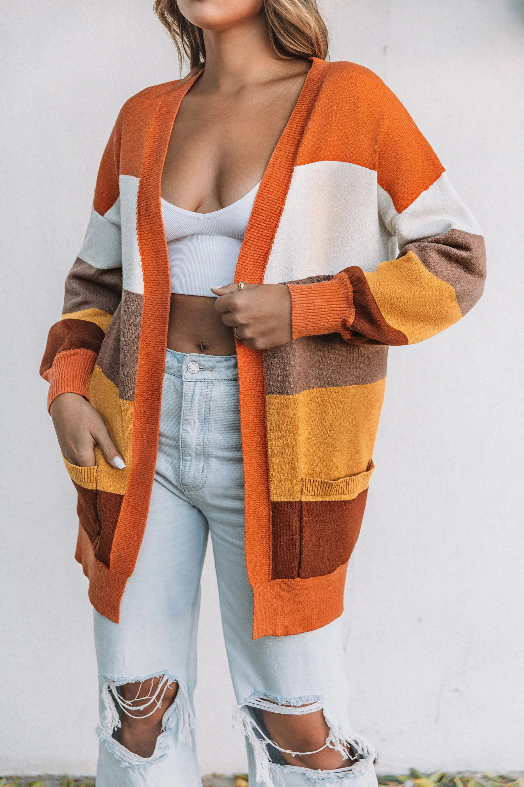 Open Front Pocketed Colorblock Cardigan