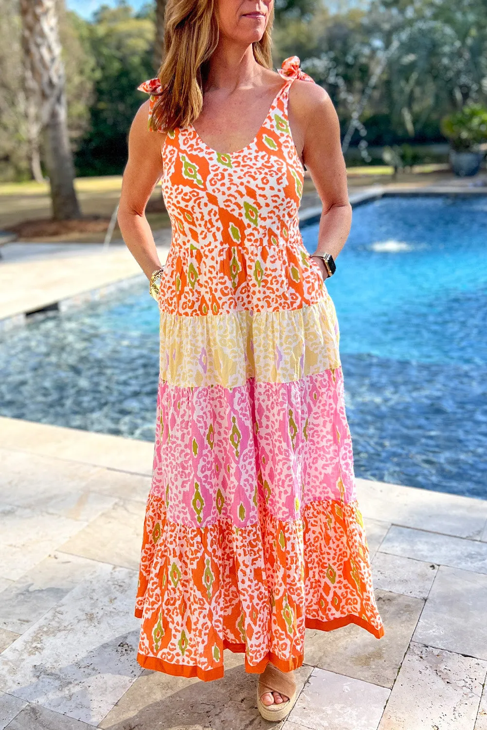 Orange Knotted Straps Leopard Colorblock Dress