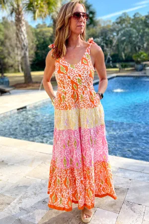 Orange Knotted Straps Leopard Colorblock Dress