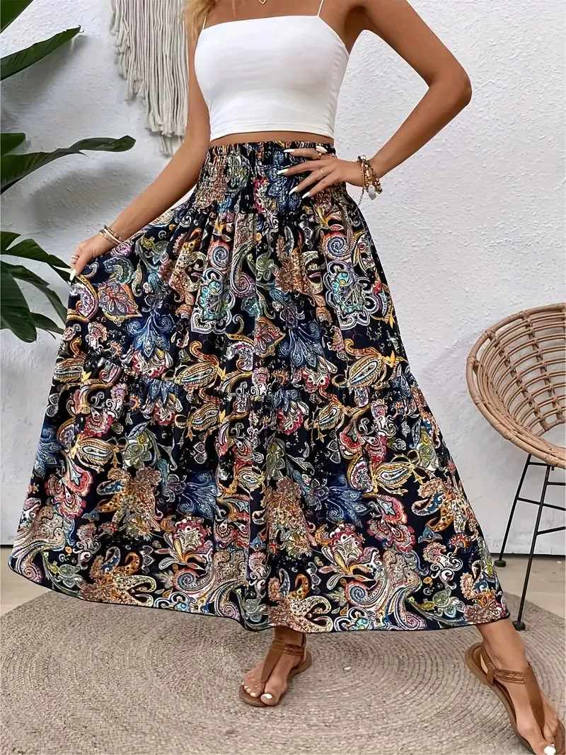 Patterned Flowing Midi Skirt