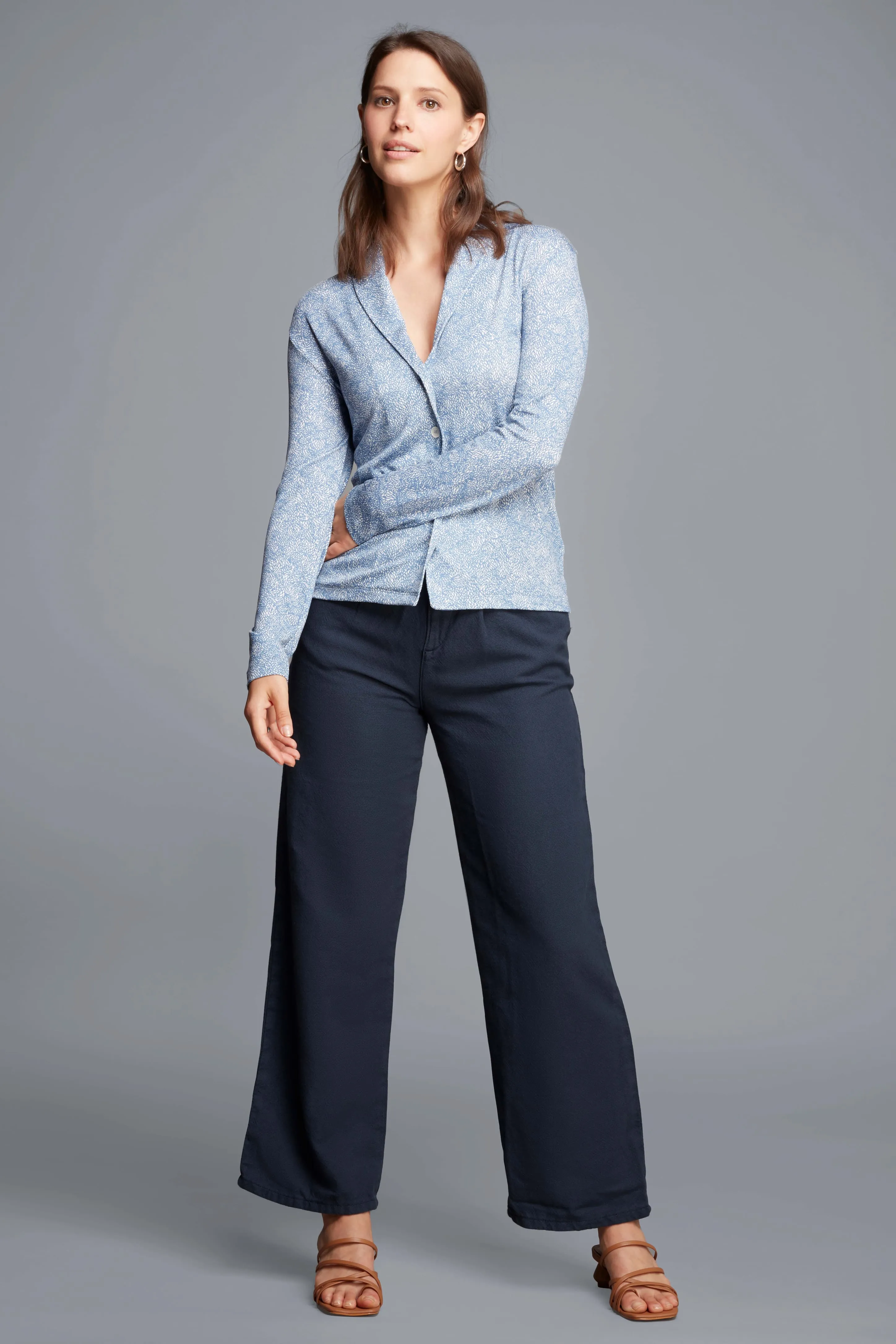 Patterned TENCEL™ Lyocell Shawl Collared Top | Light Blue