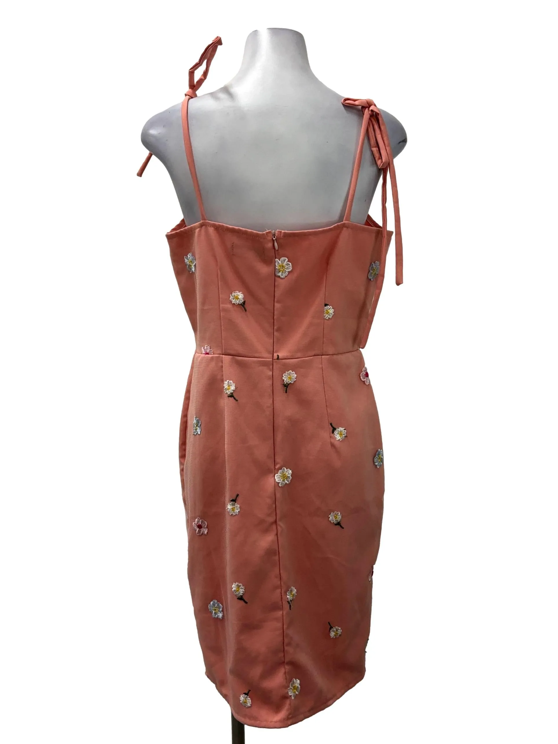 Peach Pink V-Neck Daisy Patterned Mini Dress