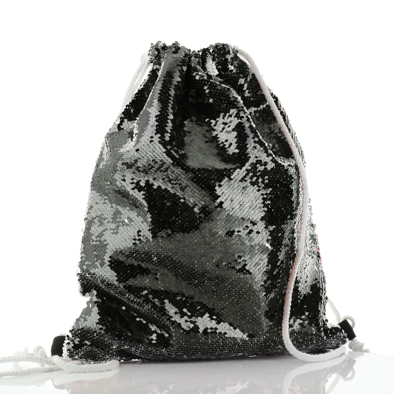 Personalised Sequin Drawstring Backpack with Welcoming Text and Embracing Mum and Baby Lions