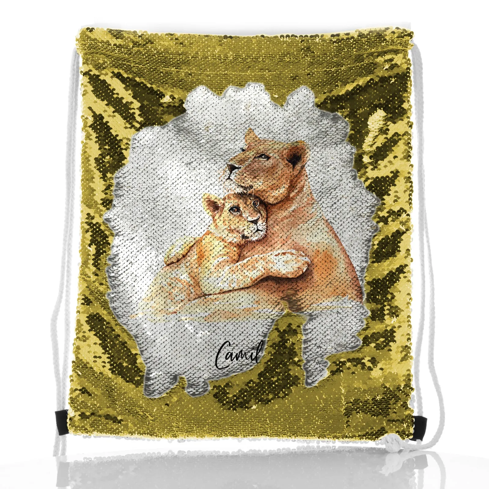 Personalised Sequin Drawstring Backpack with Welcoming Text and Embracing Mum and Baby Lions