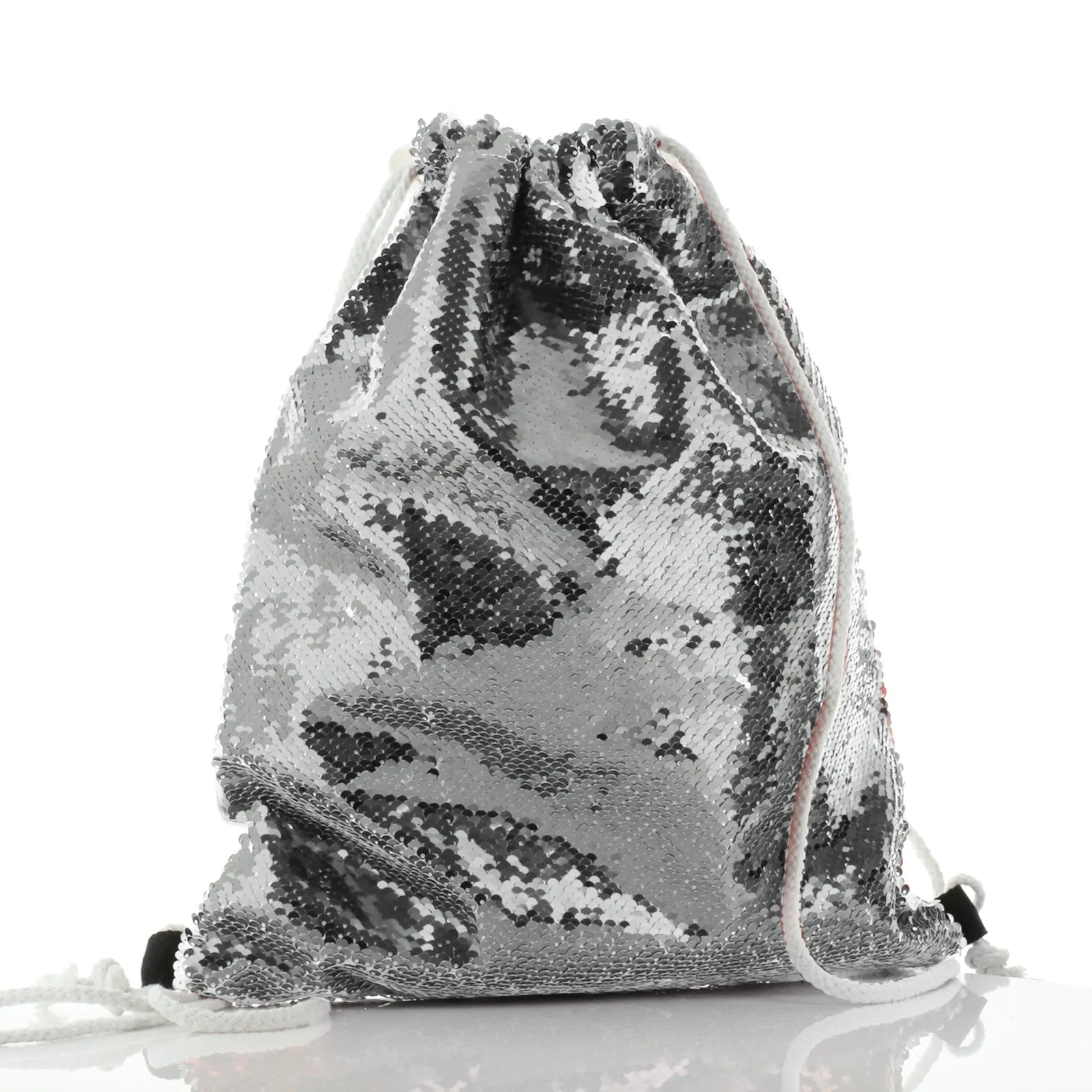 Personalised Sequin Drawstring Backpack with Welcoming Text and Embracing Mum and Baby Lions