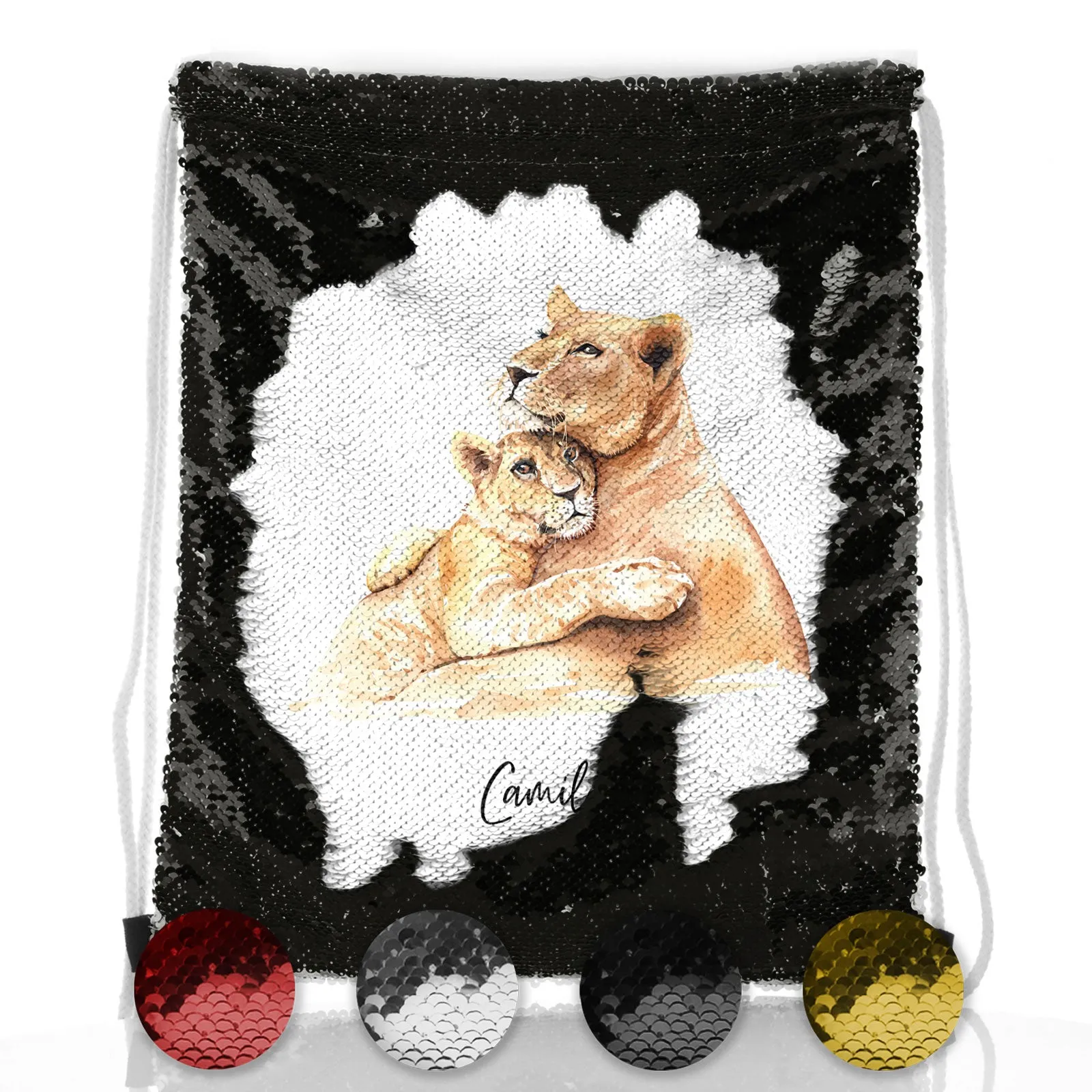 Personalised Sequin Drawstring Backpack with Welcoming Text and Embracing Mum and Baby Lions