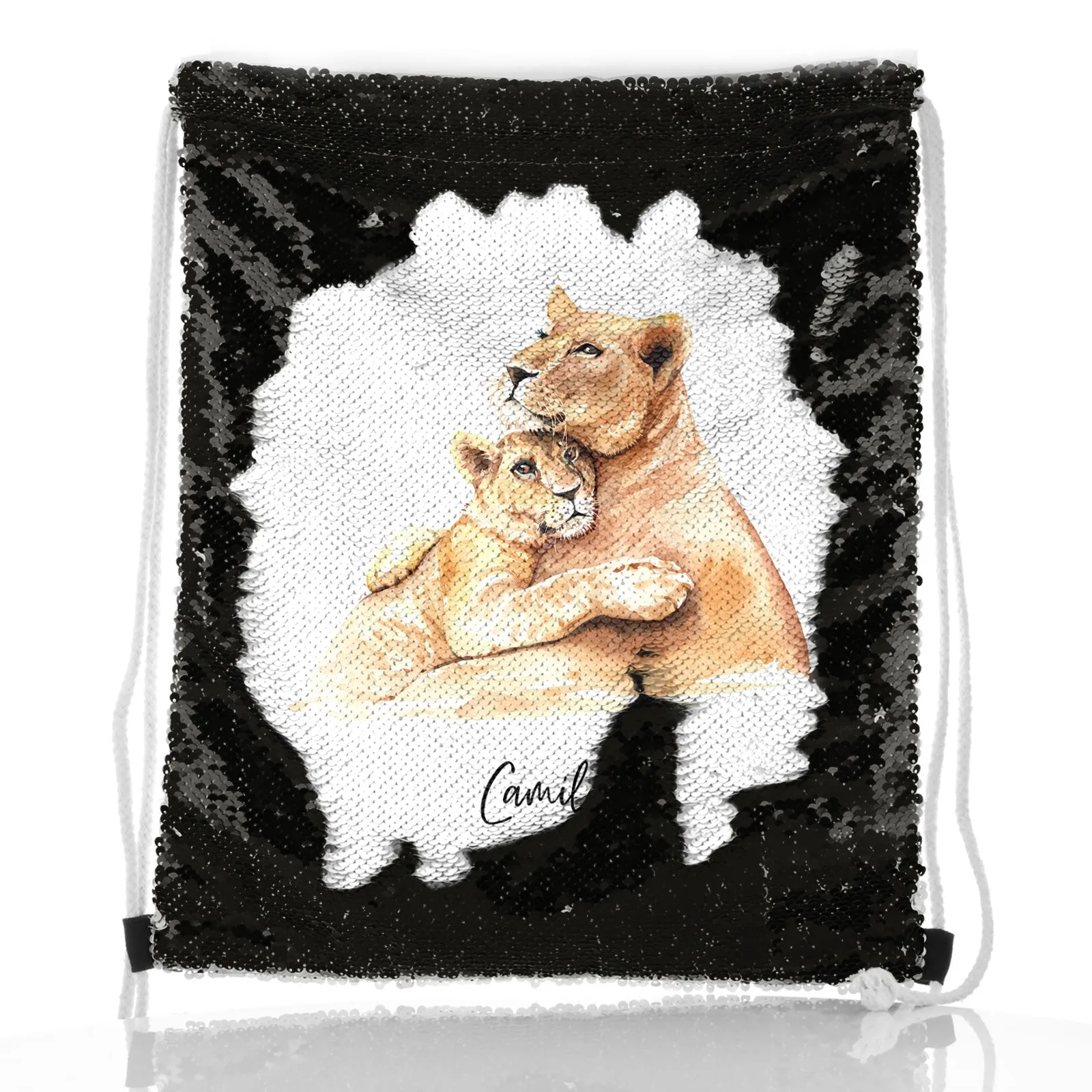 Personalised Sequin Drawstring Backpack with Welcoming Text and Embracing Mum and Baby Lions