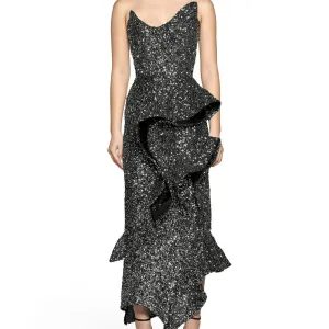 Phoenix Thistle Wave Ruffled Sequined Midi Dress