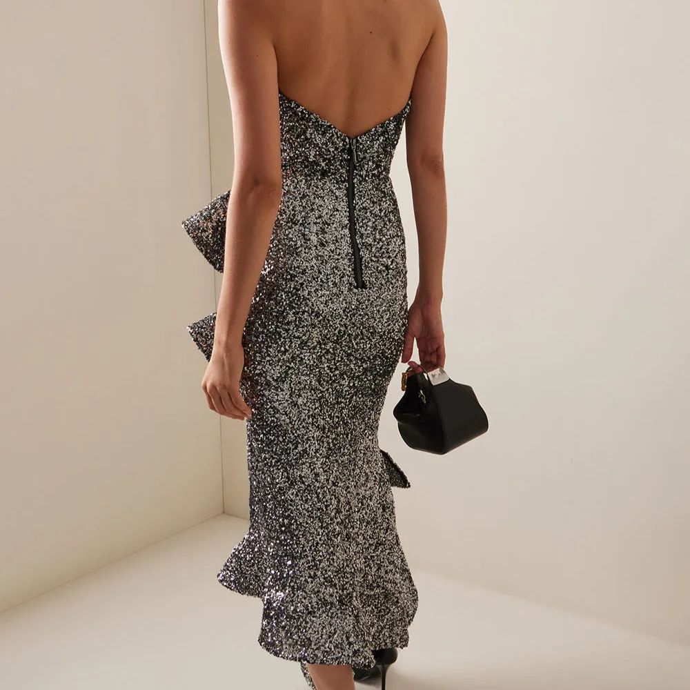 Phoenix Thistle Wave Ruffled Sequined Midi Dress