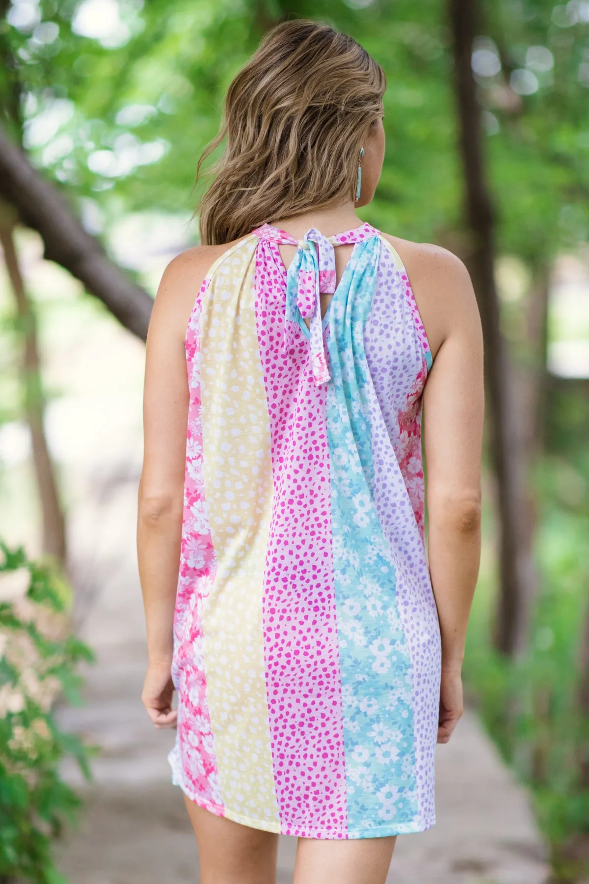 Pink and Aqua Floral Colorblock Halter Dress