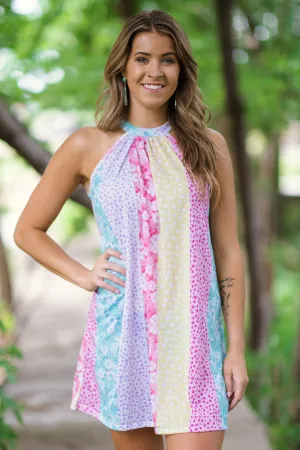 Pink and Aqua Floral Colorblock Halter Dress