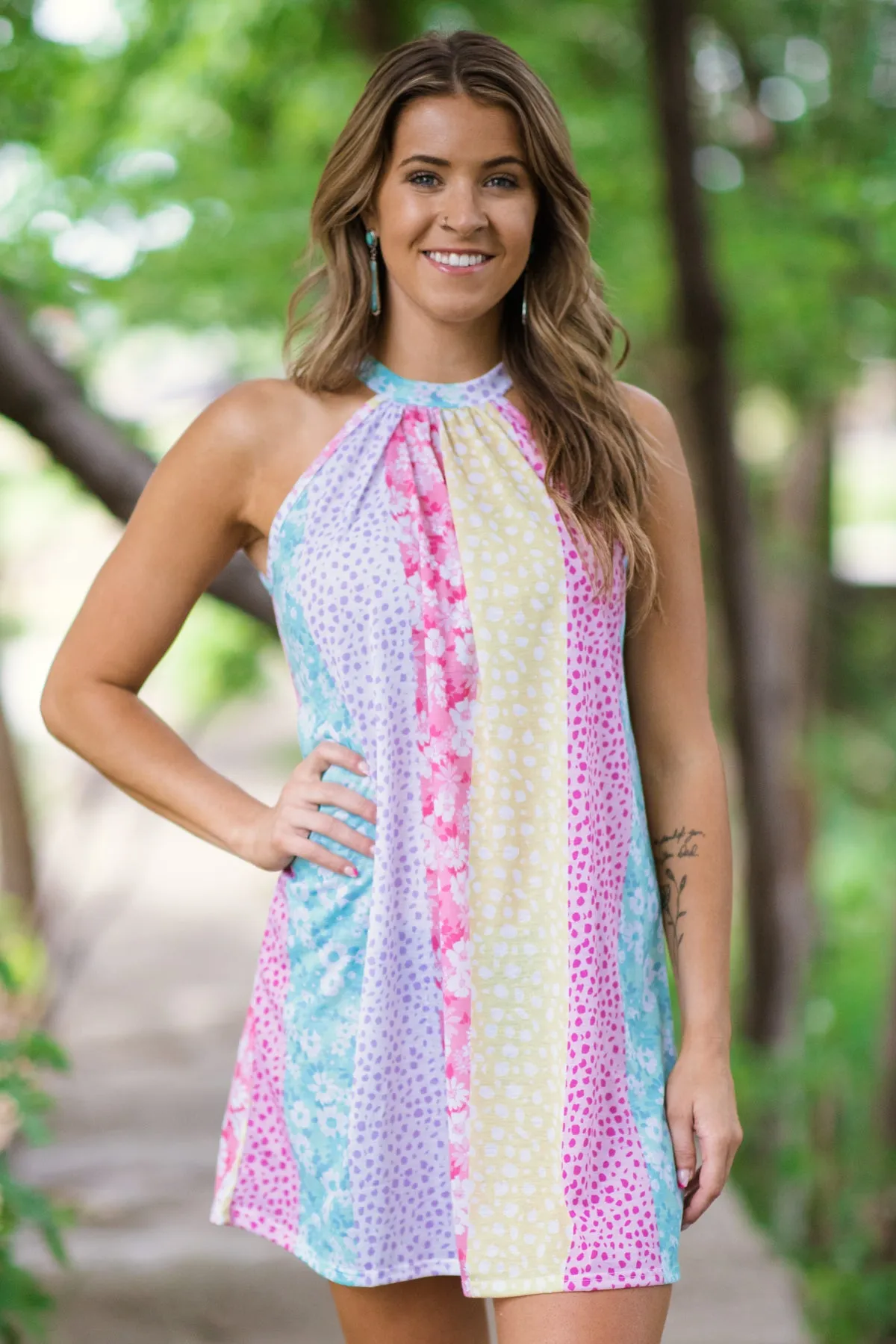 Pink and Aqua Floral Colorblock Halter Dress