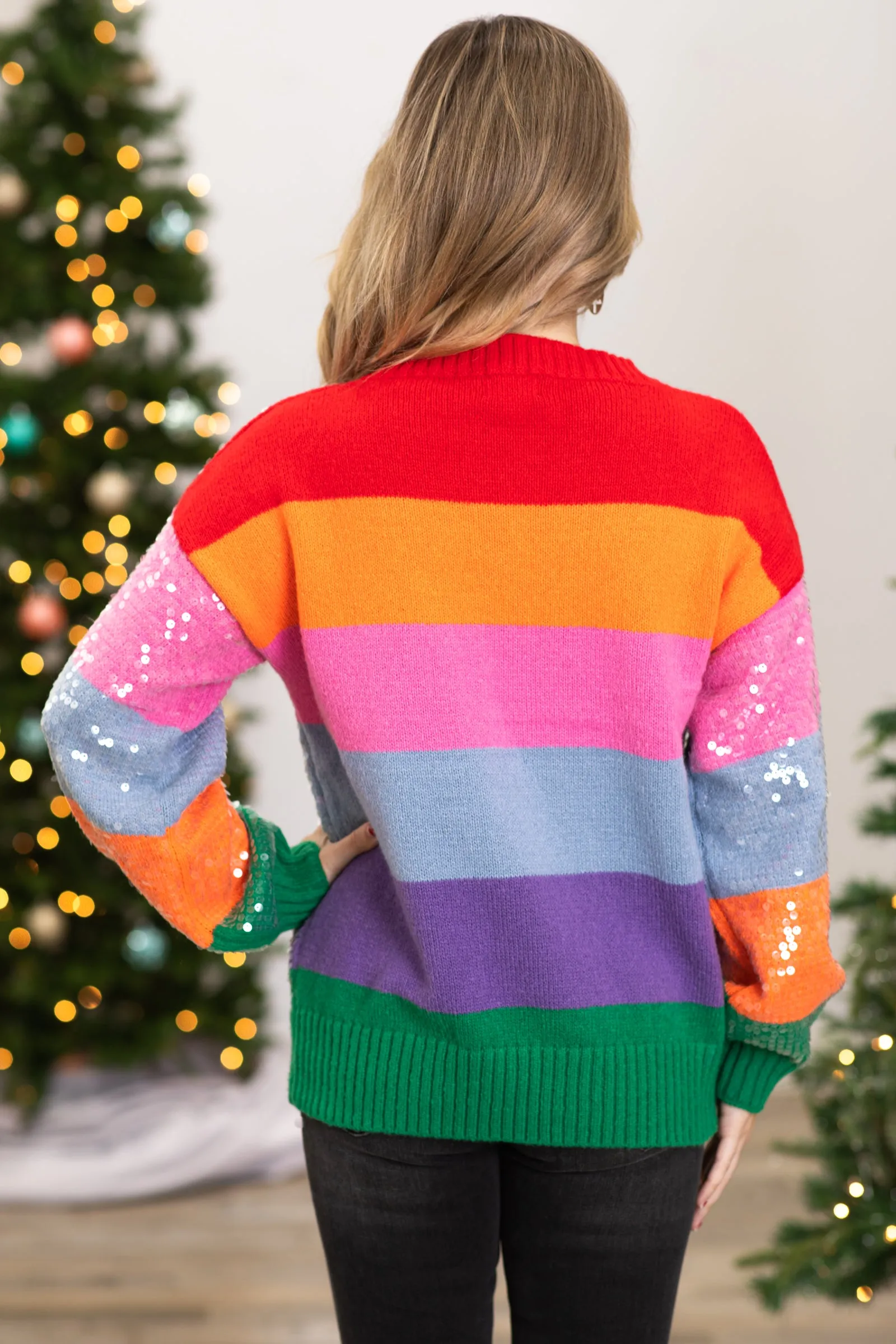 Pink Multicolor Colorblock Sequin Sweater