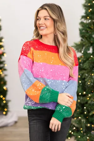 Pink Multicolor Colorblock Sequin Sweater