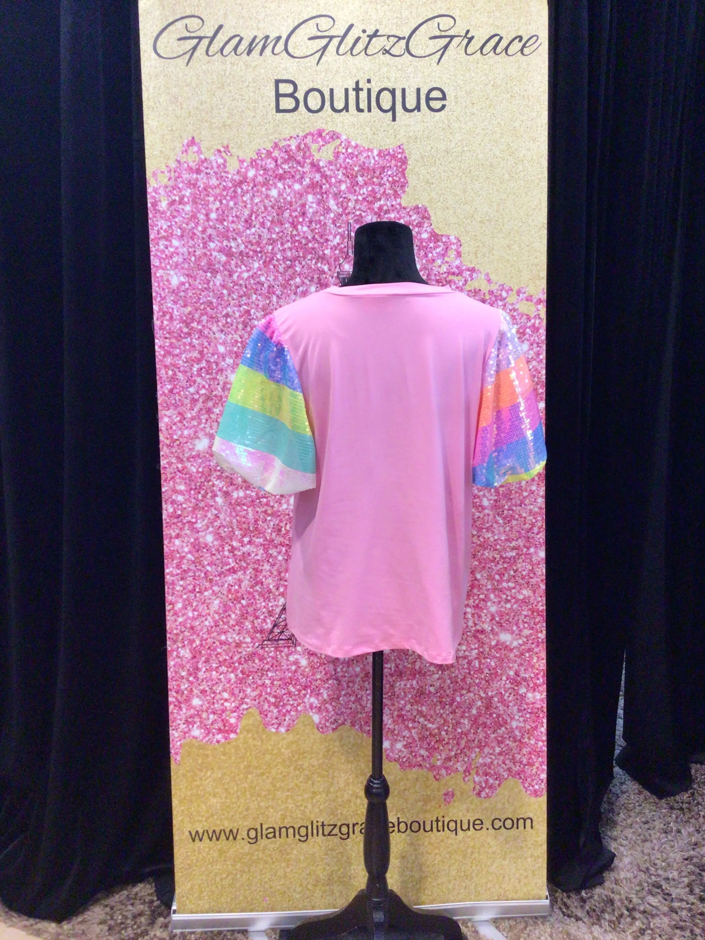 Pink Multicolored Sequined Puff Sleeves Top