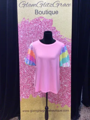 Pink Multicolored Sequined Puff Sleeves Top