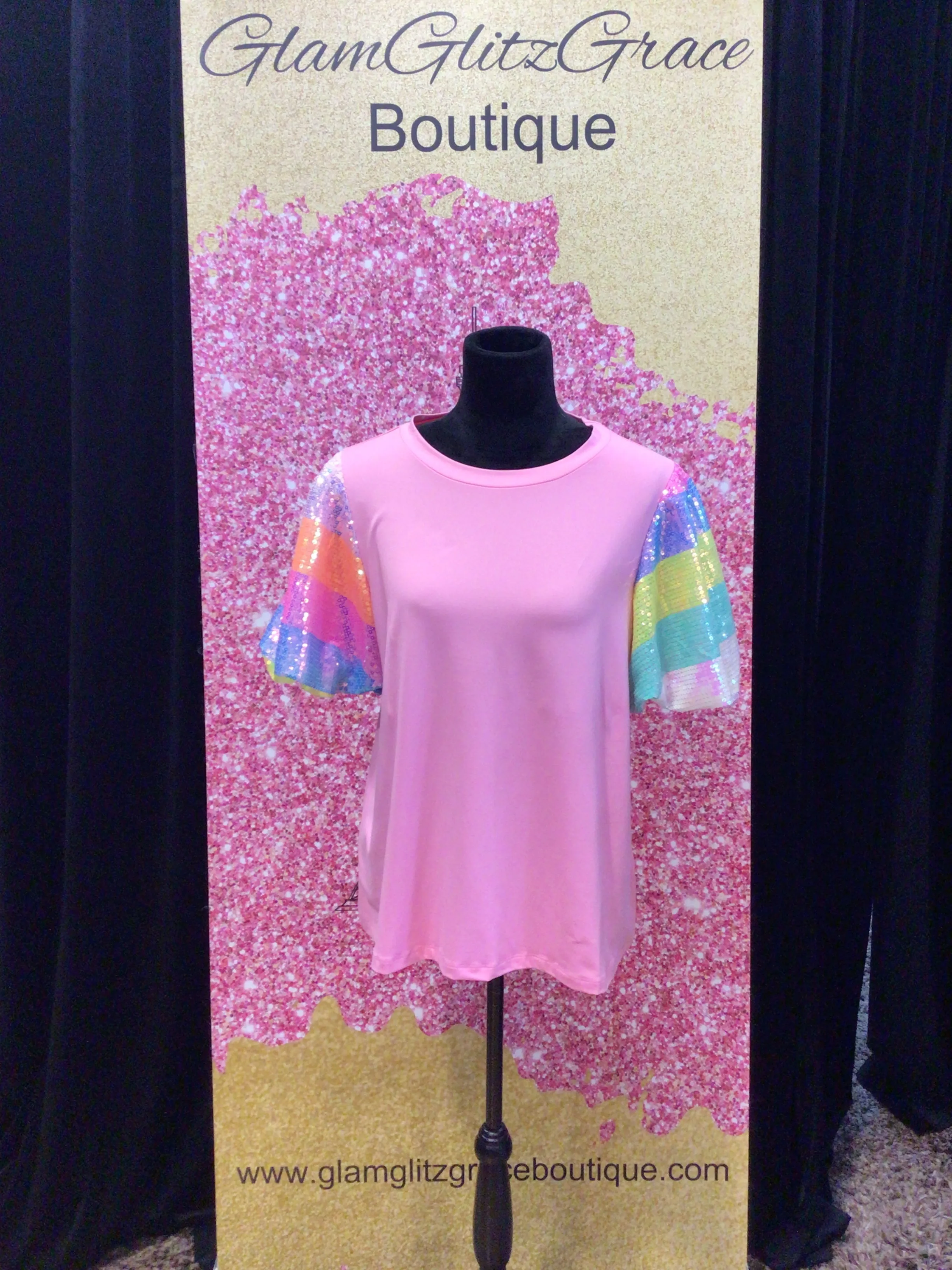 Pink Multicolored Sequined Puff Sleeves Top