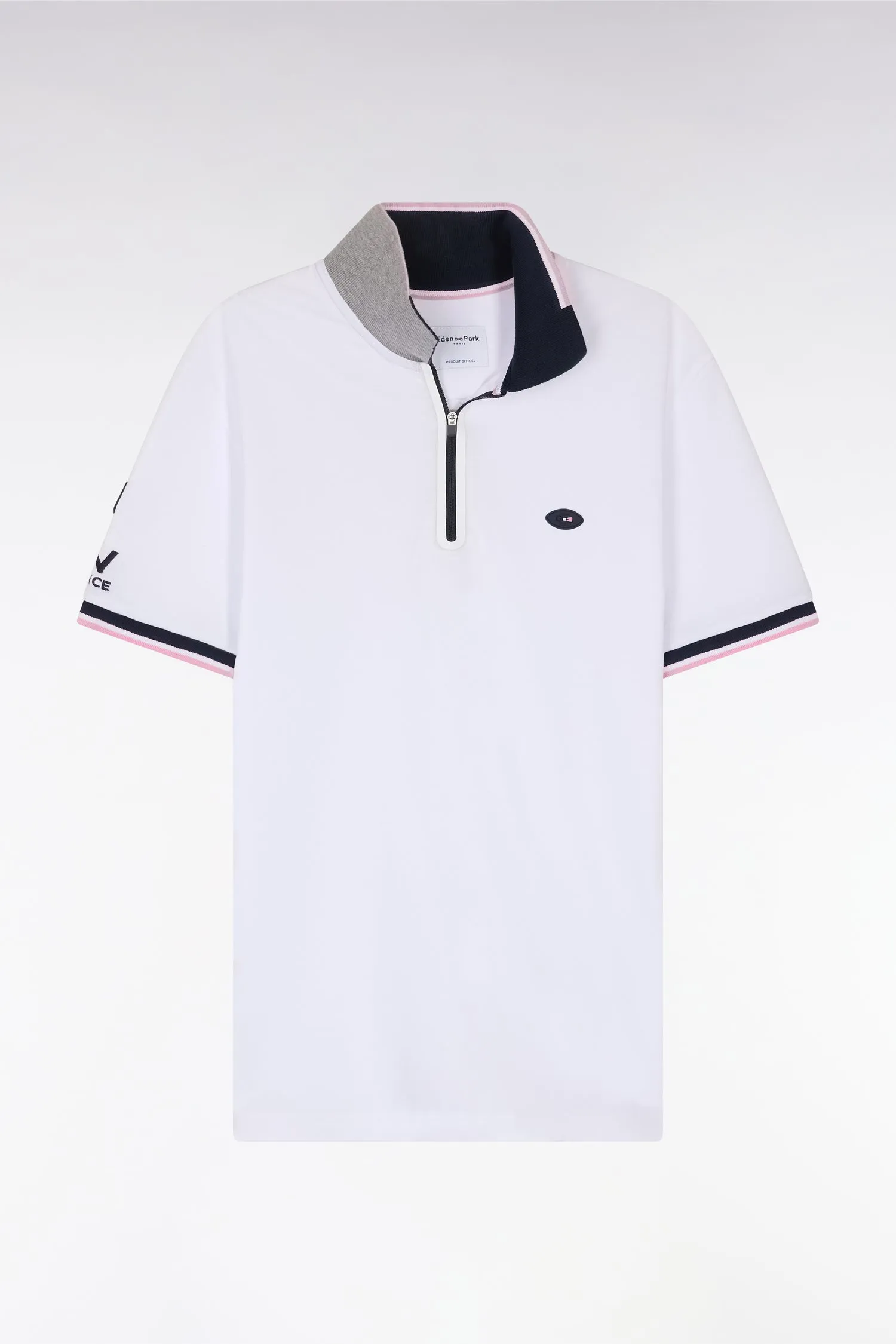 Polo à manches courtes en coton stretch blanc col zippé coupe ajustée