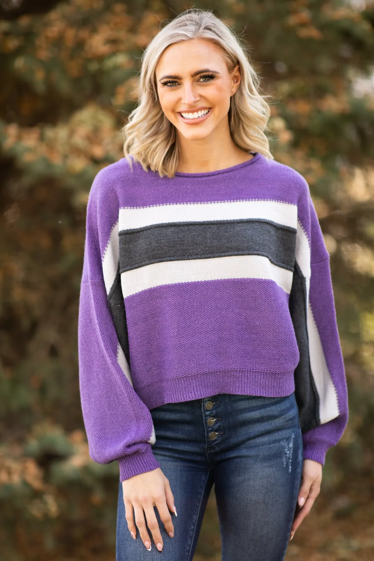 Purple and Charcoal Stripe Colorblock Sweater