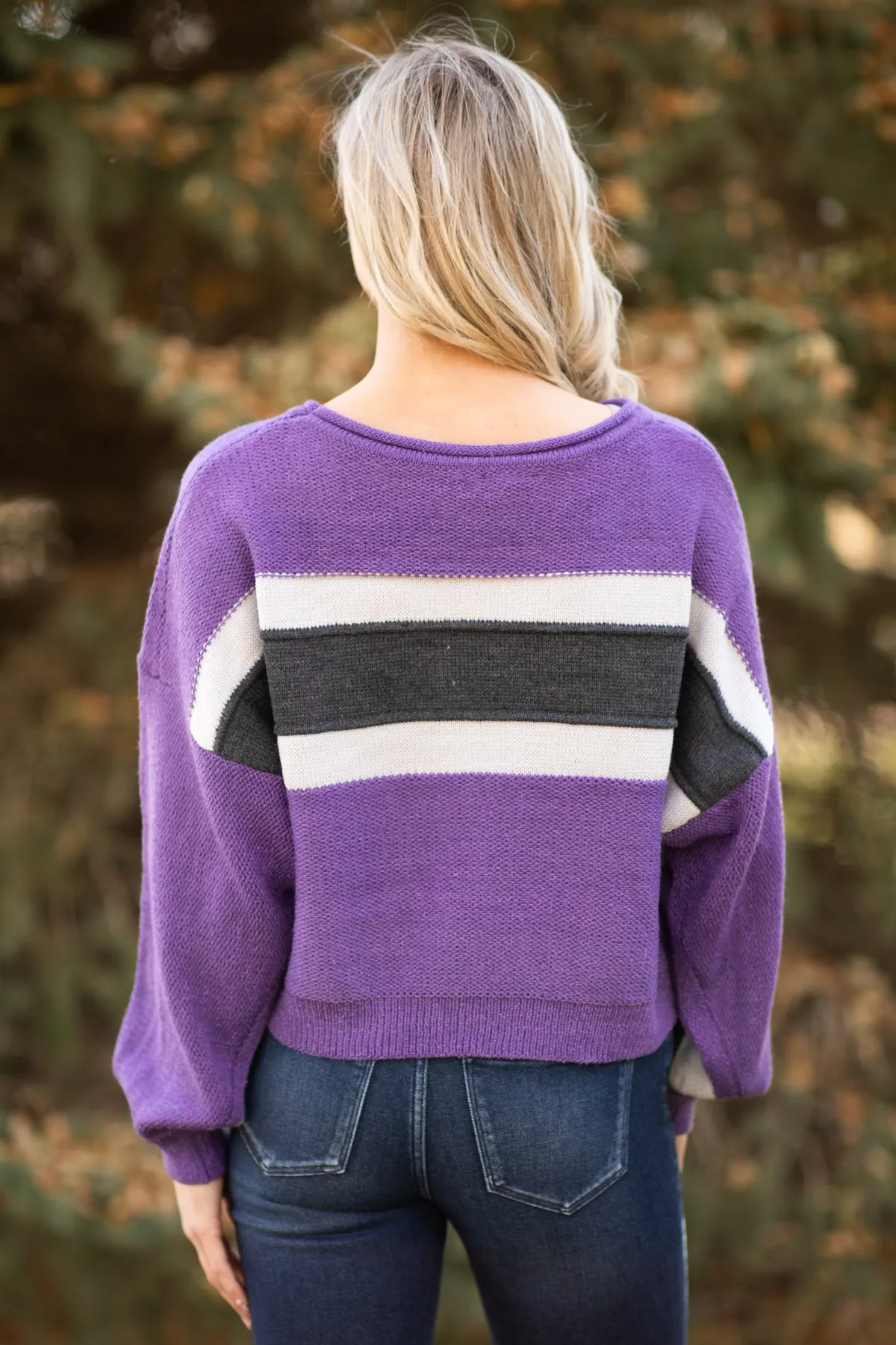 Purple and Charcoal Stripe Colorblock Sweater