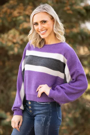 Purple and Charcoal Stripe Colorblock Sweater