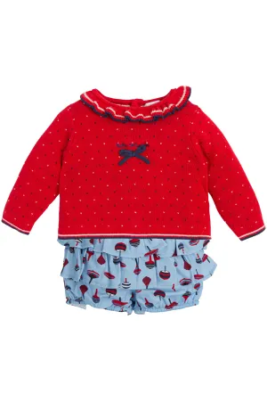 "Myla" Red Knit Jumper & Ruffle Bloomers
