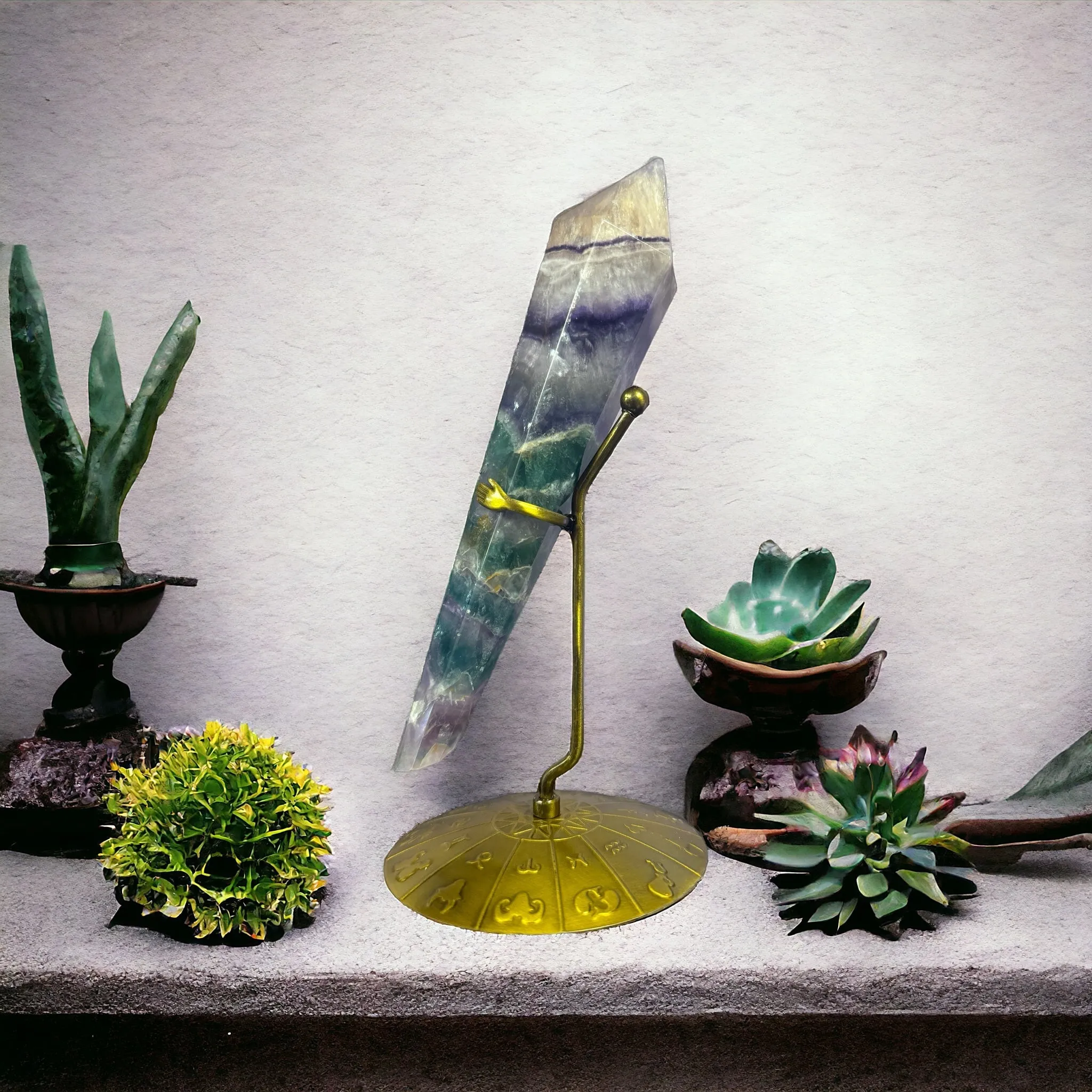 Rainbow Fluorite Crystal Scepter with Zodiac Stand