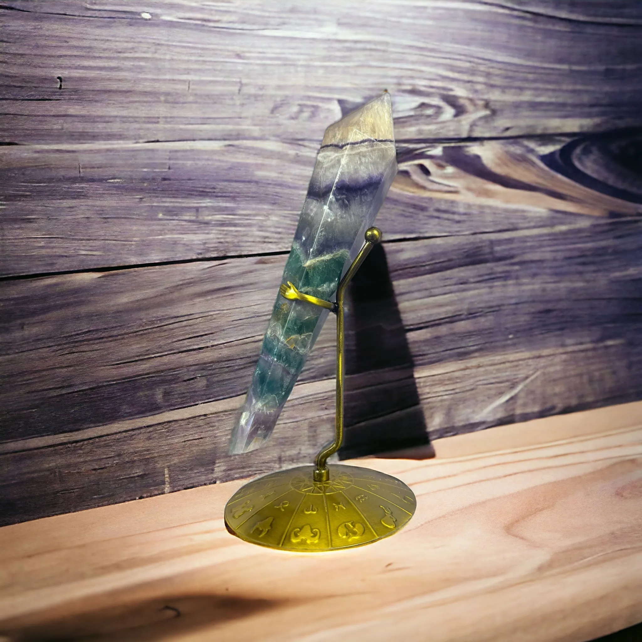 Rainbow Fluorite Crystal Scepter with Zodiac Stand