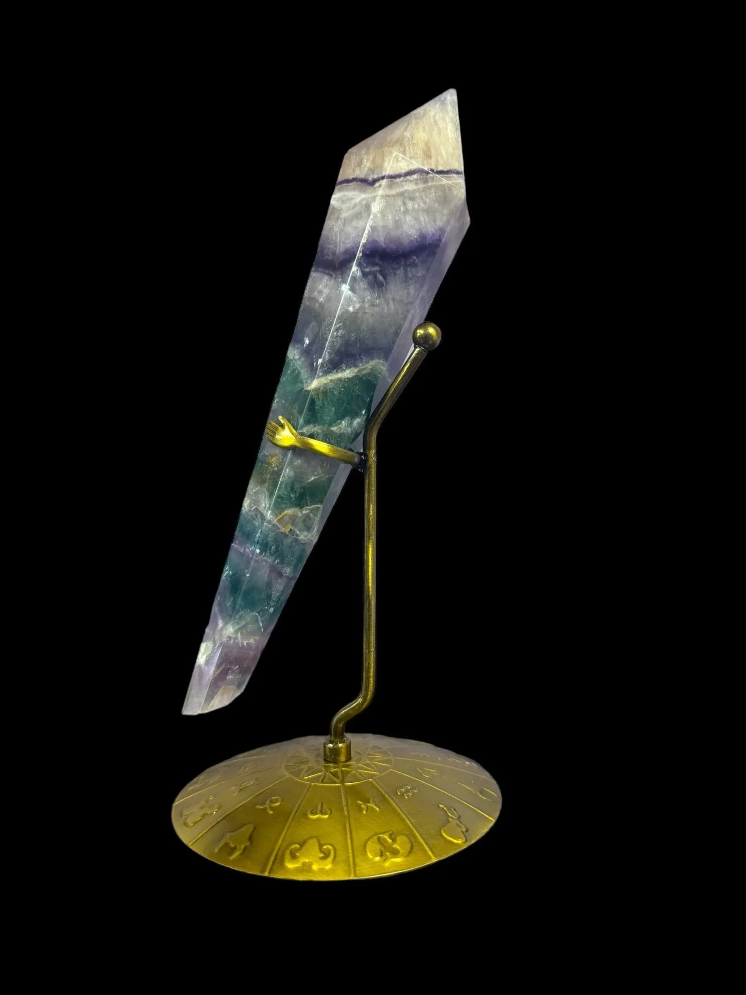 Rainbow Fluorite Crystal Scepter with Zodiac Stand