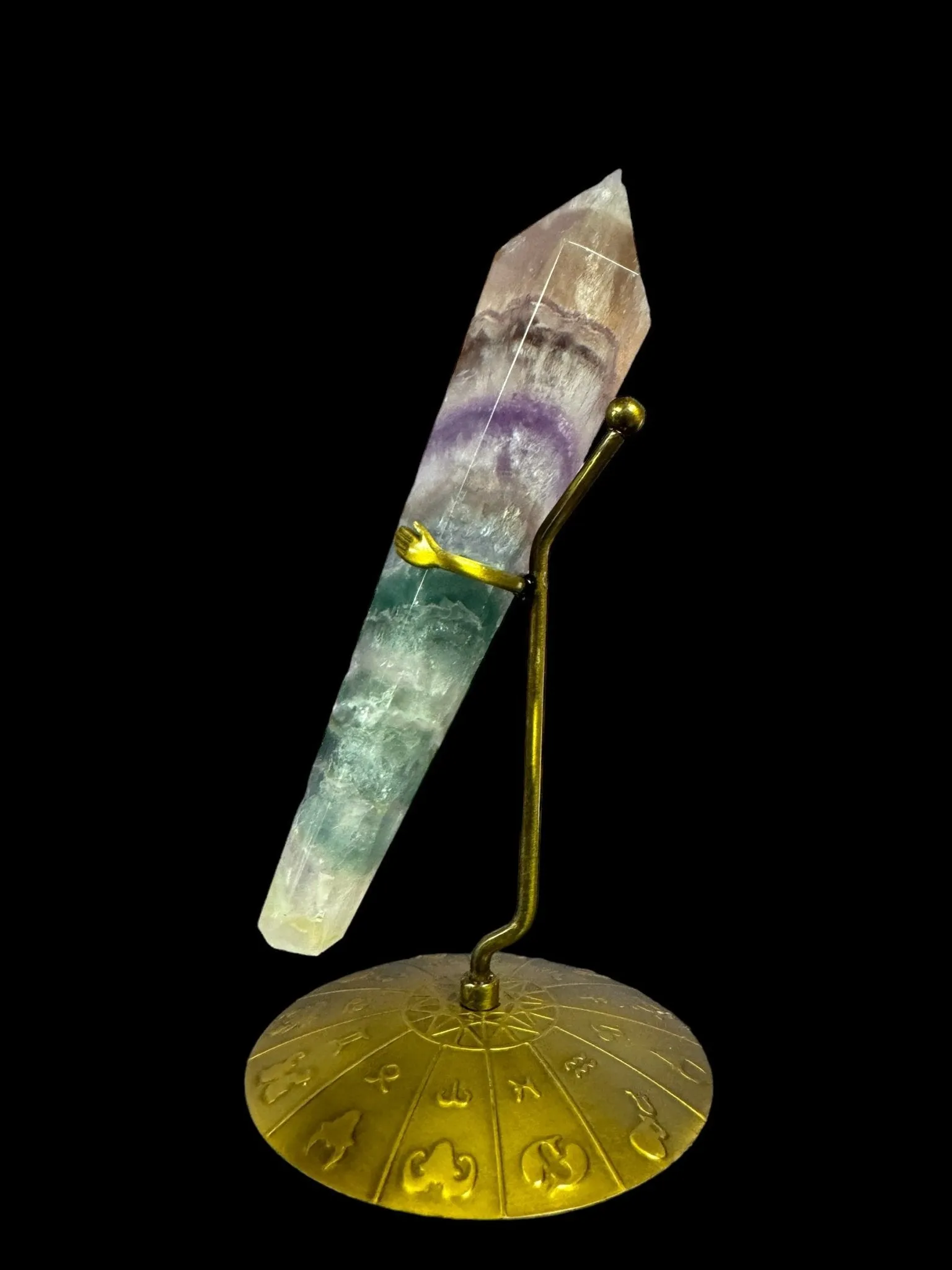 Rainbow Fluorite Crystal Scepter with Zodiac Stand
