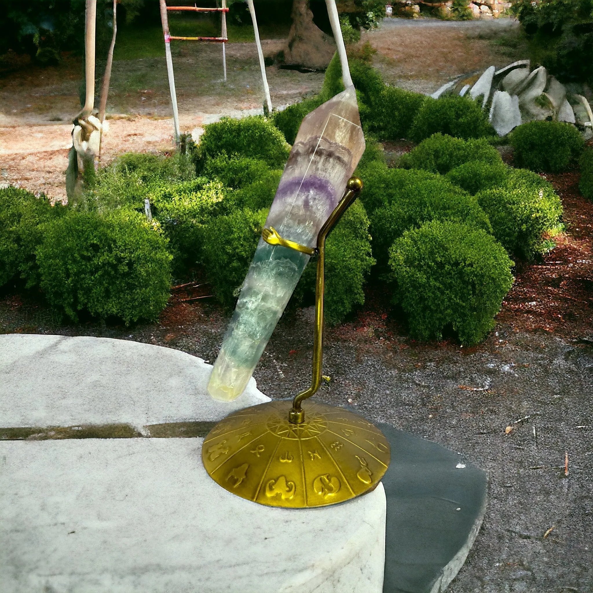 Rainbow Fluorite Crystal Scepter with Zodiac Stand
