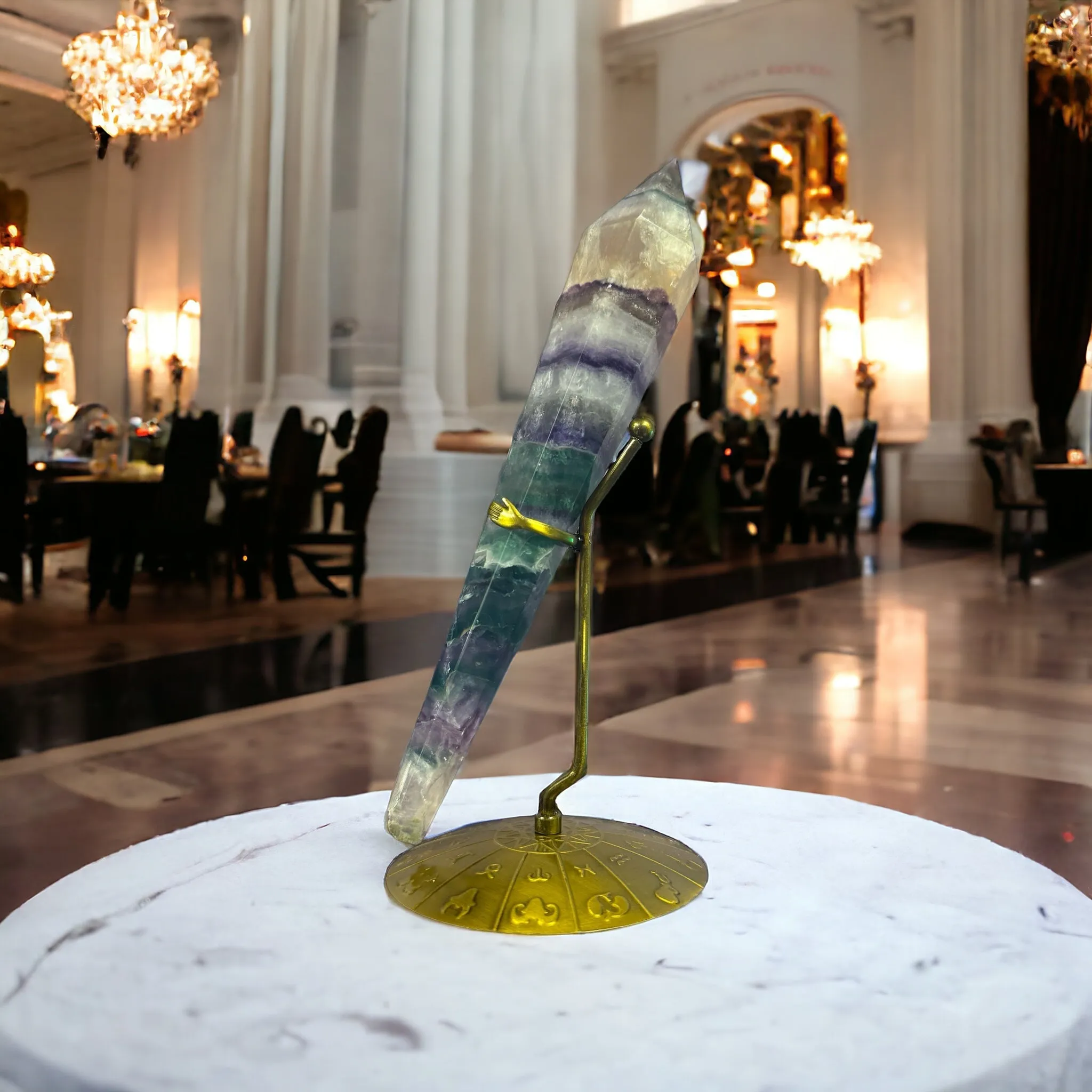 Rainbow Fluorite Crystal Scepter with Zodiac Stand