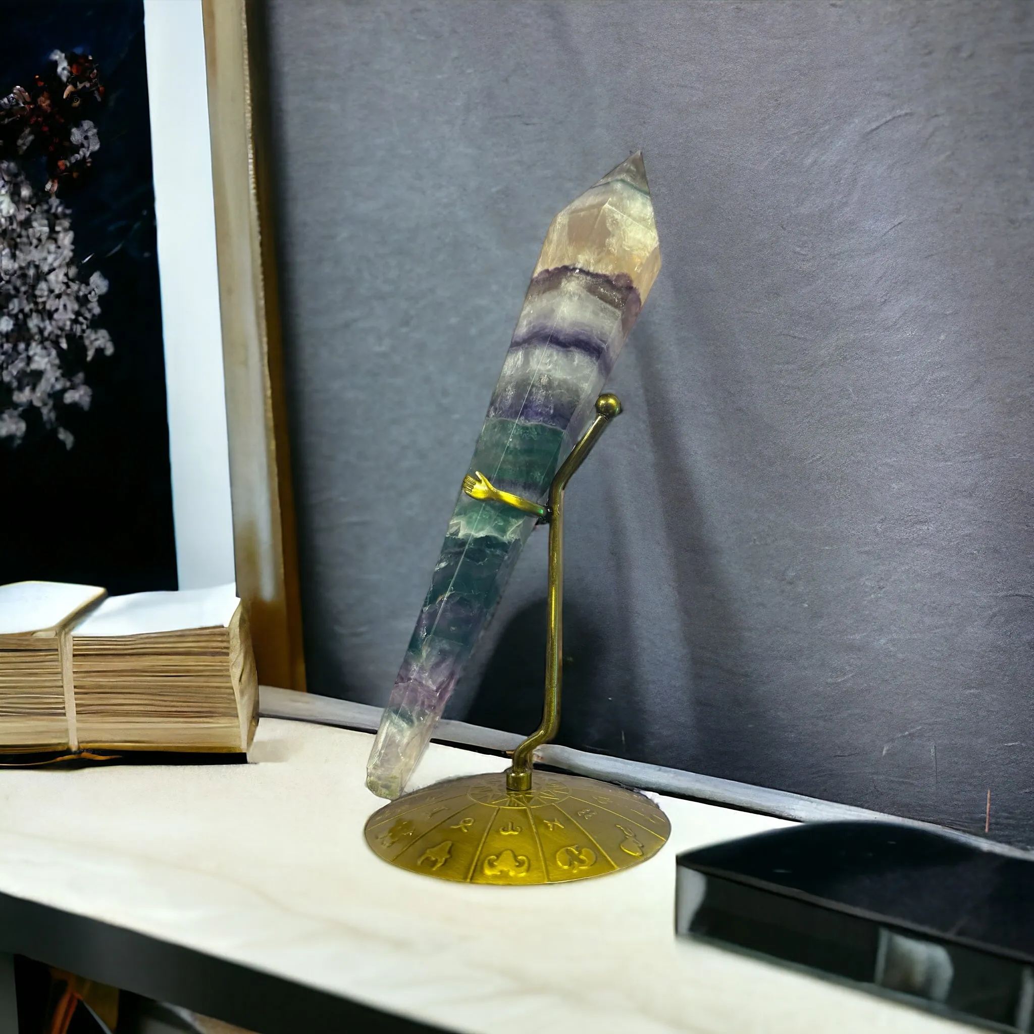 Rainbow Fluorite Crystal Scepter with Zodiac Stand