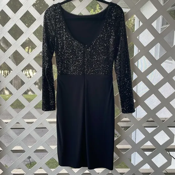 ‘Ralph Lauren Evening’ Sequined Top Ruched Waist Dress