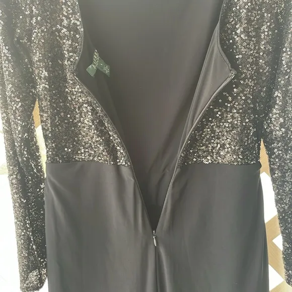 ‘Ralph Lauren Evening’ Sequined Top Ruched Waist Dress