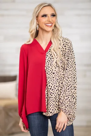 Red and Tan Animal Print Colorblock Top