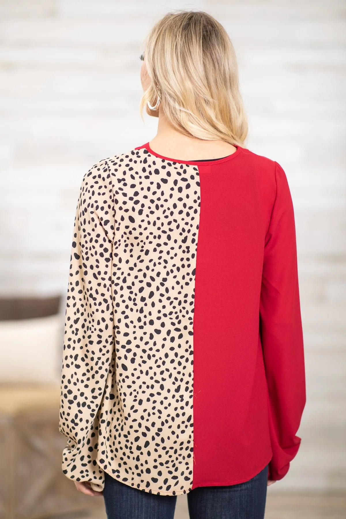 Red and Tan Animal Print Colorblock Top