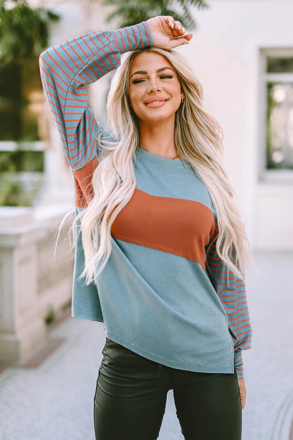 Red Colorblock Striped Bishop Sleeve Top