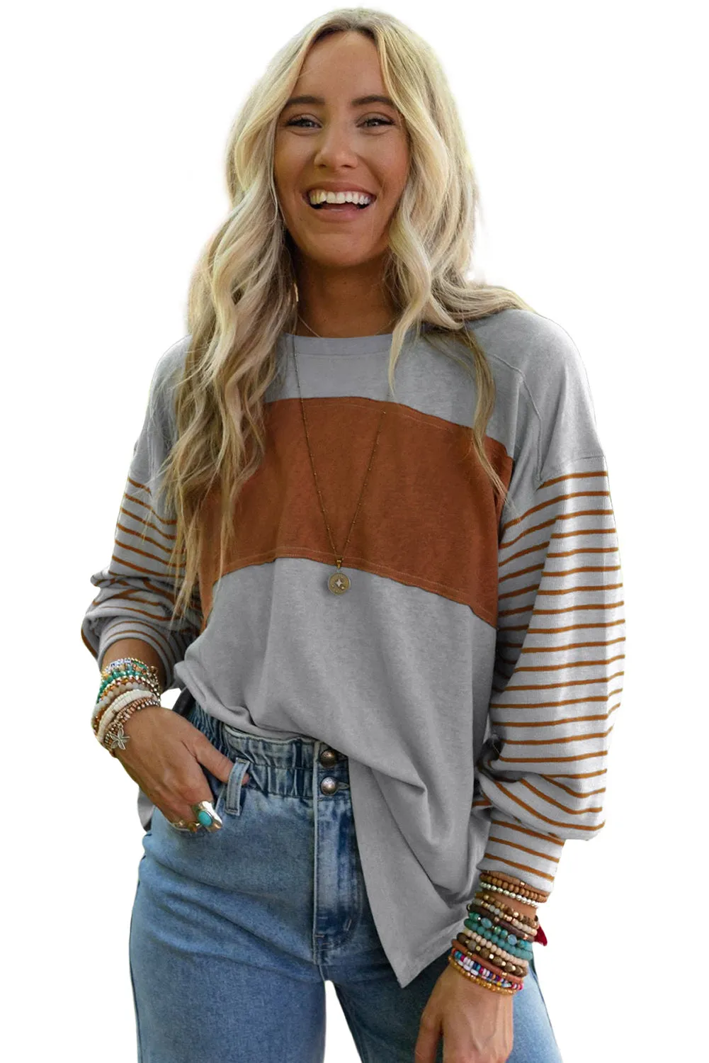 Red Colorblock Striped Bishop Sleeve Top