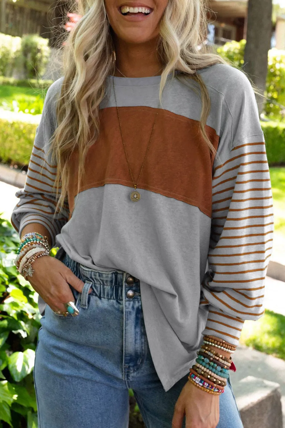 Red Colorblock Striped Bishop Sleeve Top